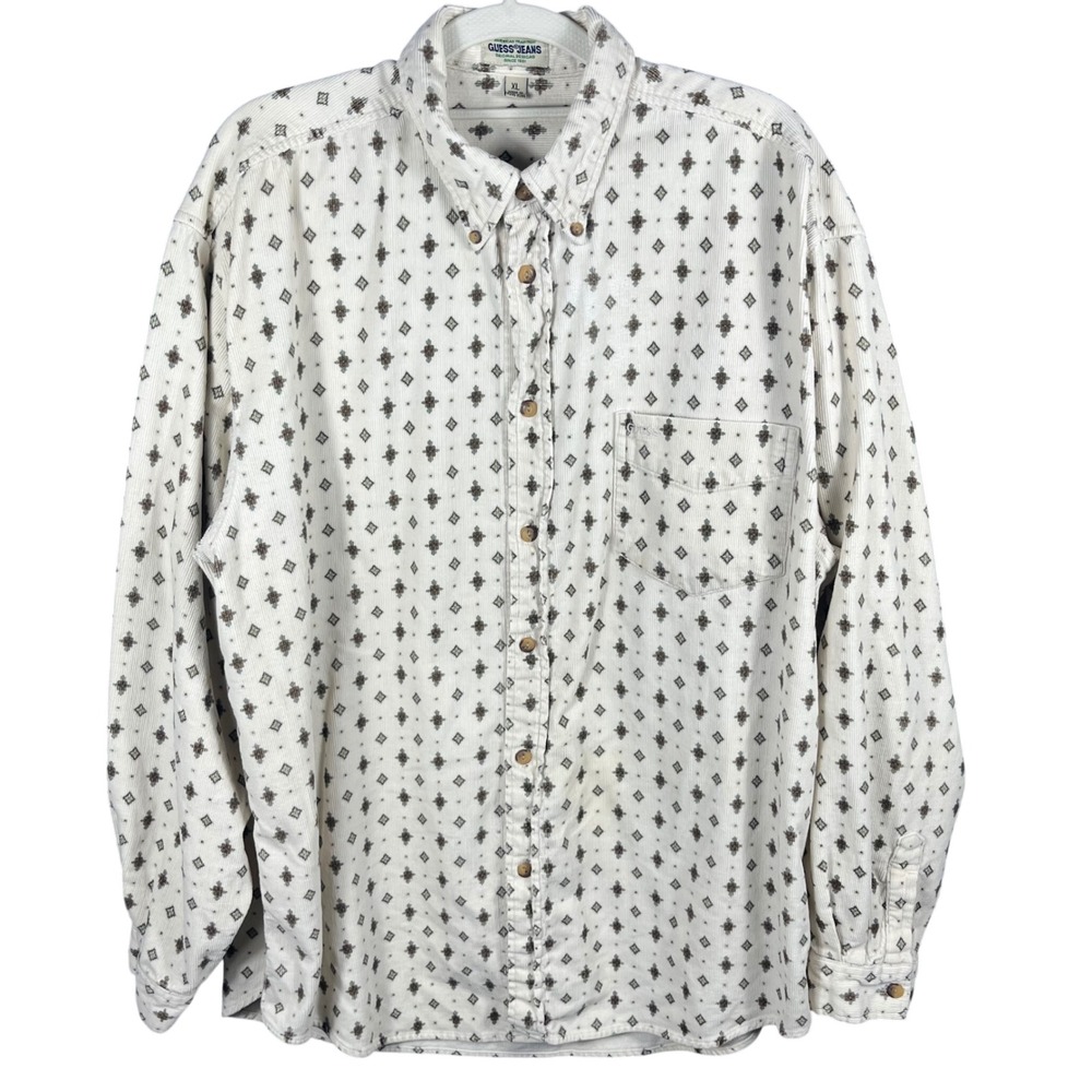 Guess Corduroy Button Up Shirt Mens XL Cream Geometric Print Vintage 90s